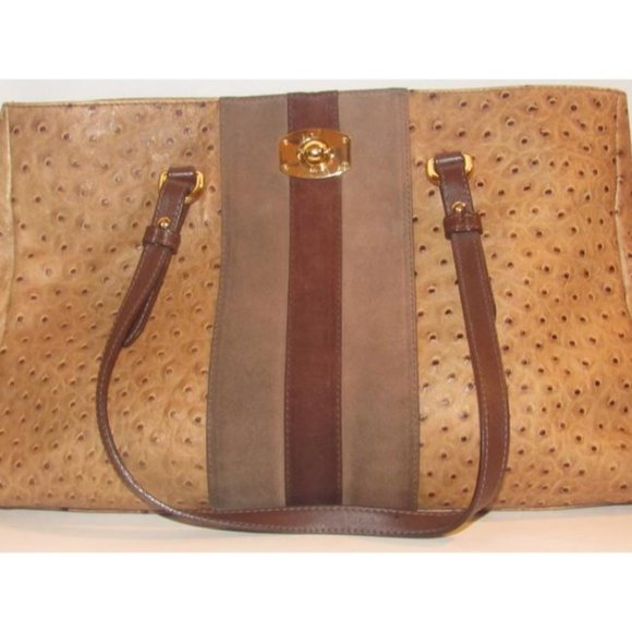 Furla Brown Ostrich XL Tote Embossed Leather And Suede Center Stripe - Picture 2 of 12